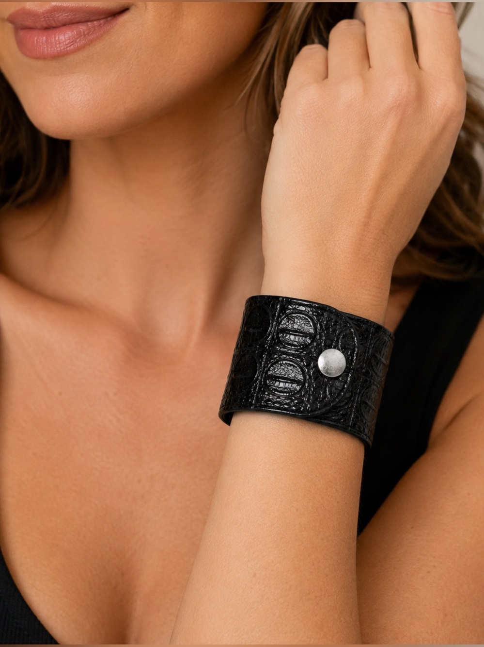 Boho Beads Black Croc Embossed Wide Cuff Bracelet Silver Snap Statement Jewelry
